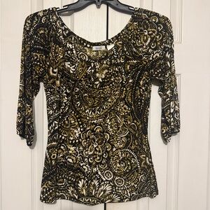 Liz & Co. Black and Gold Patterned Blouse